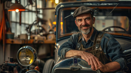 The picture of the adult mechanic looking at the camera with the vintage car in the automobile workshop that use for checking and repairing the various vehicle that need to use the experience. AIG43.の素材