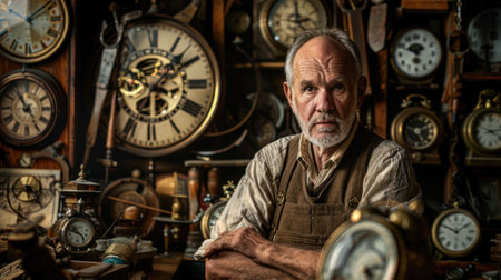 The picture of the adult professional watchmaker working inside workshop that has been filled with various kind of clock and watch, watchmaker need to use concentration and accuracy fix clock. AIG43.の素材