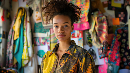 The picture of the dress designer in the studio that has been filled with many the colourful dress on the model, the designer require skills like fabric knowledge, creativity, fashion trends. AIG43.の素材