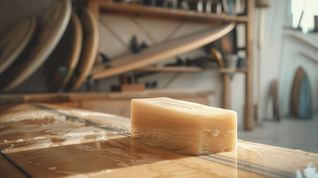 A bar of soap rests on a wooden surfboard made of hardwood, creating a contrast between the natural ingredients of the beach landscape and the manufactured wood material AIG50の素材