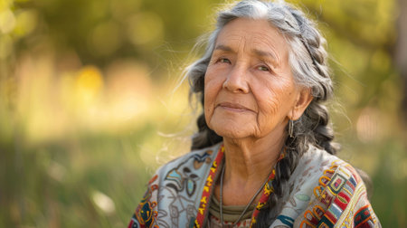 The picture of the american indigenous female standing inside the nature with calm and peaceful, the cultural consultant require skills like the cultural competence and communication skills. AIG43.の素材