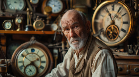 The picture of the adult professional watchmaker working inside workshop that has been filled with various kind of clock and watch, watchmaker need to use concentration and accuracy fix clock. AIG43.の素材