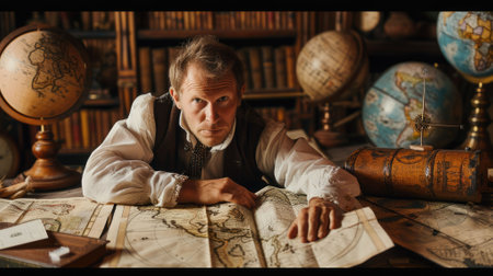 The picture of the cartographer working inside the workshop doing about mapping the map of the world on table, topography need skills like map reading, data analysis and accurate information. AIG43.の素材