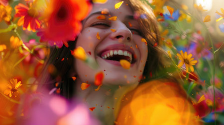 A woman adorned with a hat stands amidst a vibrant array of flowers, smiling in pure happiness. The scene is a beautiful display of nature and creativity AIG50の素材