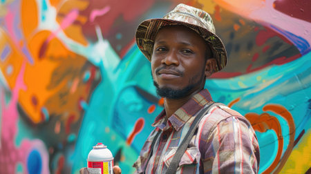 The picture of the graffiti artist is spraying the painting on wall with colourful colours, the graffiti artist require skill like painting technique, creativity, colour theory and experience. AIG43.の素材