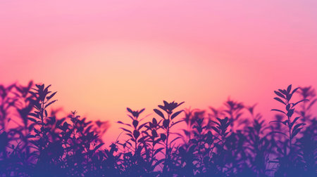 A row of tree silhouettes with twisted twigs against a pink and violet dusk sky, creating a serene natural landscape atmosphere AIG50の素材