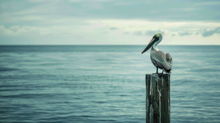 A Pelecaniformes bird with a long beak perched on a wooden post by the lake, gazing at the fluid water under the vast sky AIG50の素材