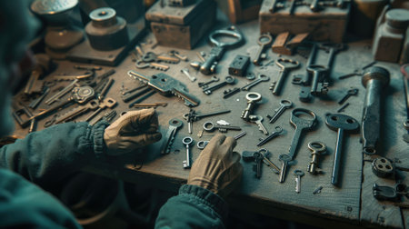 The picture of the locksmith working inside the workshop that has been filled with keys and work tools, the locksmith need the knowledge of the various type of lock and key to working this job. AIG43.の素材