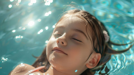 The boy and girl are sharing a kiss in the swimming pool, their hair wet from the water. With smiles on their faces and eyelashes touching, they are happy and enjoying a leisurely moment of fun AIG50の素材