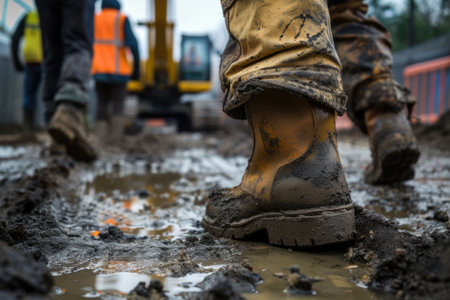 The close up picture of the worker walking inside construction site while wearing the safety shoes, the construction worker require skill like technical knowledge, safety awareness, strength. AIG43.の素材