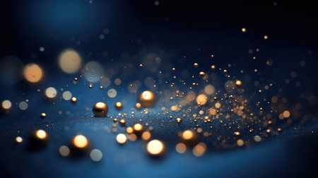 Bokeh lights on a gradient blue background. numerous sparkly gold particles of various sizes scattered around. These appear to be round and flat, and some have a slight blur around the edges. AIG35.の素材
