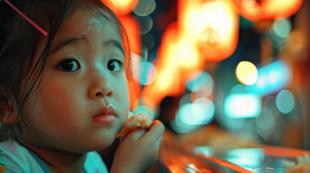 A toddler is happily sharing sushi with chopsticks, embracing the fun of experiencing new cuisine. The sweetness of the food craving brings joy to the event AIG50の素材