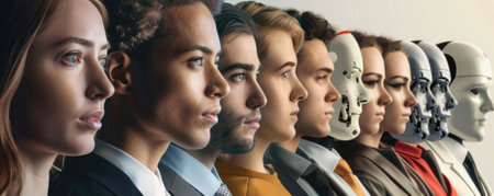 The picture of the group of the people and robot that standing next to each other that come from the various jobs, the different race gathering together that stand for the unite and teamwork. AIG43.の素材