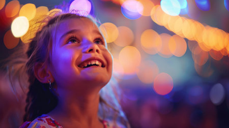 The toddler with electric blue eyes and surfer hair is smiling happily, gazing up at the sky with a sense of wonder and innocence, surrounded by lush green grass AIG50の素材