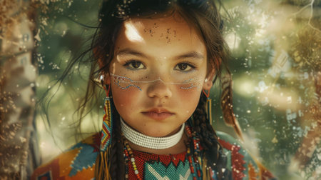 The close up picture of the native american teenage is wearing the costume of traditional dancer with blur background, the traditional dancer require cultural knowledge and dancing technique. AIG43.の素材