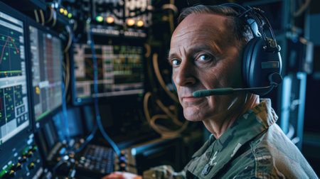 The picture of military officer is working on communication to communicate with other soldier, the soldier require skill combat training, endurance, physical strength and technical knowledge. AIG43.の素材