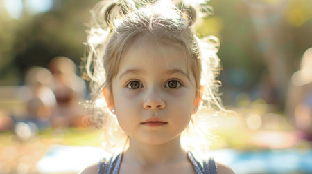 A young girl with curly hair is happily standing on the grass in the park. She is smiling, having fun, and enjoying her leisure time in nature AIG50の素材