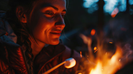 A close up of a woman with black hair, amber eyes, and a smile as she looks at the fire. Her nose and eyebrows are highlighted by the heat, while her eyelashes flutter in the fun of the moment AIG50の素材