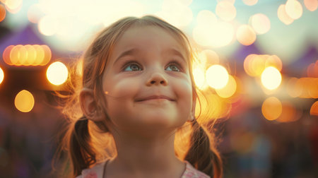 The toddler with electric blue eyes and surfer hair is smiling happily, gazing up at the sky with a sense of wonder and innocence, surrounded by lush green grass AIG50の素材