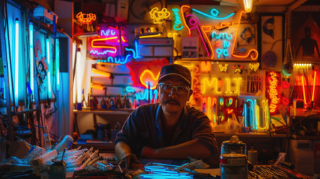 The picture of the neon light artist is working inside workshop that filled with colourful light, the neon light artist require skill like creativity, electrical knowledge and safety awareness. AIG43.の素材