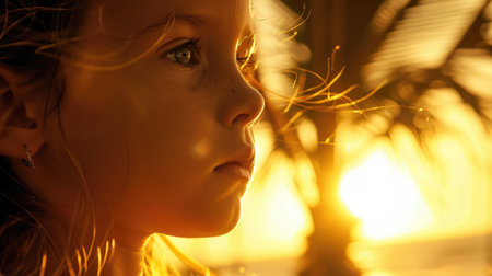 The woman gazes at the sunset with palm trees silhouetted against the fiery sky, creating a mesmerizing event of tints and shades in the darkness AIG50の素材