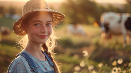 The close up picture of the caucasian farmer female looking at the camera in the farm, the farmer require skill like the crop and livestock management, financial management and risk management. AIG43.の素材