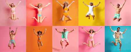 Summer people collection set, diverse people jumping on colorful background, many people funny jump wearing summer outfit fashion ready for swim and summer activity, summertime, beachwear AIG48の素材