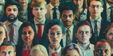 The drawing of the group of the people and robot that standing next to each other that come from the various jobs, the different race gathering together that stand for the unite and teamwork. AIG43.の素材