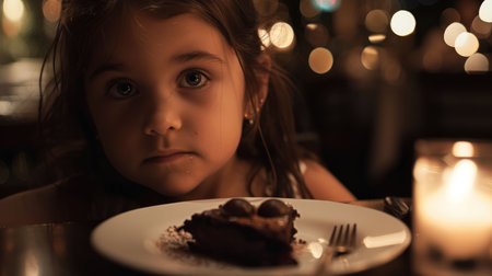A young girl is enjoying a slice of chocolate cake using a fork. She is savoring the delicious dessert at an event, her bangs brushing against her eyelashes AIG50の素材