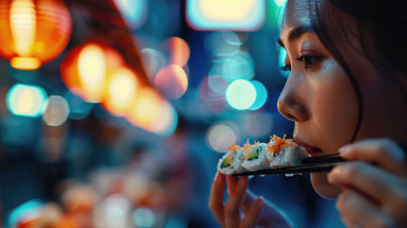 A woman with black hair is holding a tray of sushi, smiling with raised eyebrows and long eyelashes. Her facial expression exudes happiness and cool confidence, enjoying a leisurely and fun momentの素材