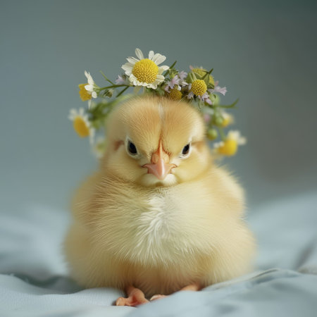 The picture of the fluffy yellow chick with the flower crown on the head with the white blank background, the little chicken fur feels so fluffy and make chick look cute while wearing a crown. AIG43.の素材