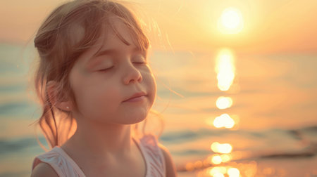 A happy little girl sits on the beach with her eyes closed, feeling the warmth of the sunlight on her face. Her nose wrinkles in a smile as she listens to the water and feels the breeze in her hairの素材