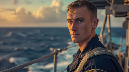 The picture of the naval officer working on the ship or the battleship that sailing into the ocean, the marine require skills like teamwork, physical fitness, marine knowledge and engineering. AIG43.の素材