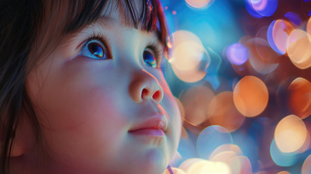 A toddler gazes up at the Christmas tree, her nose and cheeks rosy with excitement. The twinkle of lights reflects in her happy eyes and lashes AIG50の素材