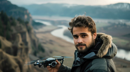 The picture of the professional drone photographer holding the drone that has been surrounded with nature landscape under sunlight, the drone photographer require much experience with drone. AIG43.の素材