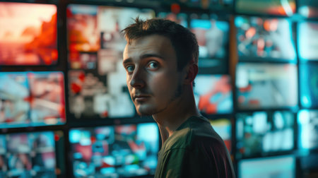 The close up picture of east europe digital market businessman is working inside office filled with monitor, the digital market require skill like creativity, marketing skill and data analysis. AIG43.の素材