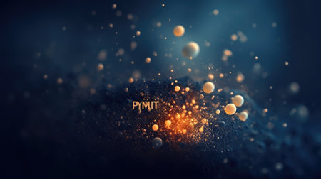 Bokeh lights on a gradient blue background. numerous sparkly gold particles of various sizes scattered around. These appear to be round and flat, and some have a slight blur around the edges. AIG35.の素材