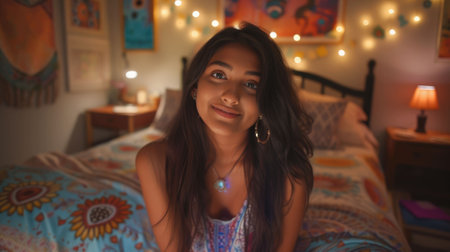 The picture of the south asian female working as the social influencer inside her own room, the social influencer require skill like social media management, marketing, engagement, creativity. AIG43.の素材