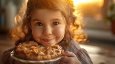 A young girl is seated at a table with a delicious pie in front of her. The aroma of freshly baked goods fills the room, enticing her to take a bite and share the tasty treat with others AIG50の素材