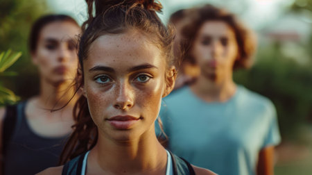 The close up picture of the teenager athlete standing with parent to exercise for healthy lifestyle, the athlete require skills like endurance, physical fitness, technique, strength and focus. AIG43.の素材