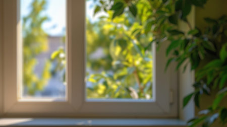 Blur background of close up of a window with green leaves outside. Window view of tree leave and...
