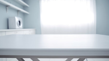 Folded towels on countertop with laundry machine in background. White table in front of washing machine with blurring background. Home comfort and modern lifestyle concept for interior design. AIG35.の素材
