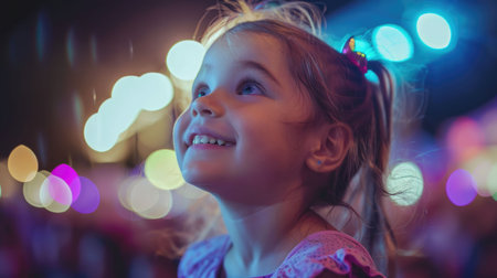 The toddler with electric blue eyes and surfer hair is smiling happily, gazing up at the sky with a sense of wonder and innocence, surrounded by lush green grass AIG50の素材