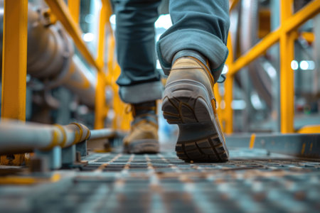 The close up picture view of the engineer is working inside the factory and focus on the boots, the engineer require skill like the technical experience, management and the communication skill. AIG43.の素材