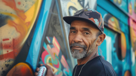 The picture of the colorful wall that has been painted or sprayed by the adult urban muralist, the muralist require skills like color theory, painting techniques, creativity and collaboration. AIG43.の素材