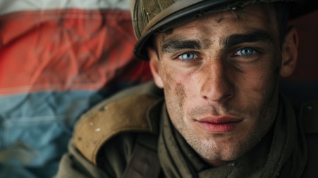 The close up picture of the soldier standing in the front of the national flag, the trained military officer require experience, combat skill, and also tactical skill to work in the army force. AIG43.の素材