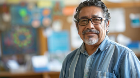 The close up picture of the hispanic teacher, educator or instructor sitting in classroom of school, the educator require skills like classroom management, lesson planning and teaching skill. AIG43.の素材