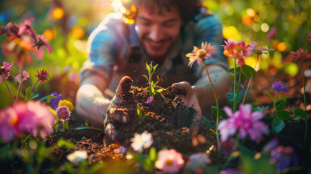 The picture of the woman that has been planting the various type of the flower, the planting require skill like plant knowledge, experience, seasonal timing, care and monitoring and management. AIG43.の素材
