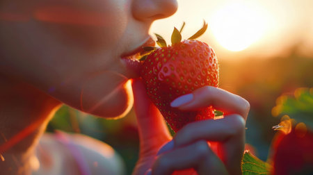 A woman happily eats a ripe strawberry under the blue sky, surrounded by flowers and plants. Her gesture shows her joy as she enjoys the sweet fruit AIG50の素材