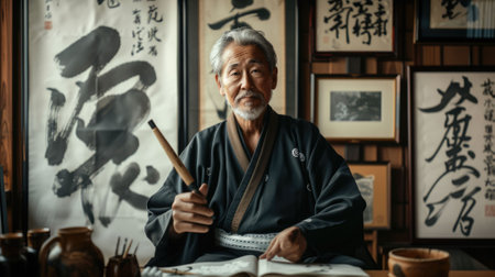 The picture of the calligrapher working inside the building, the calligraphers work is to use brush and writing text on the paper, this job require skills like brushwork skill and patience. AIG43.の素材